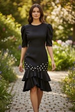 Vintage GACCINA Black Polka Dot Dress Bow Ruffle Hem Retro 80s Size 3/4 Rayon