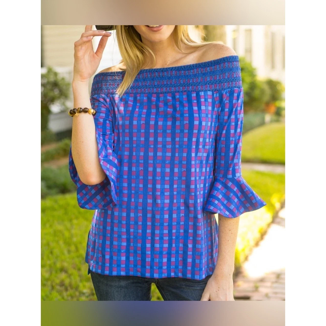 Cabana Life Bar Harbor off-shoulder top large BRIGHT blue pink check gingham UPF