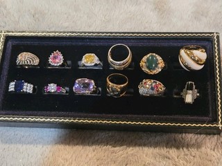 ESTATE STERLING SILVER & CUBIC ZIRCONIA GEMSTONE RING LOT 12PCS LARGE RINGS #10