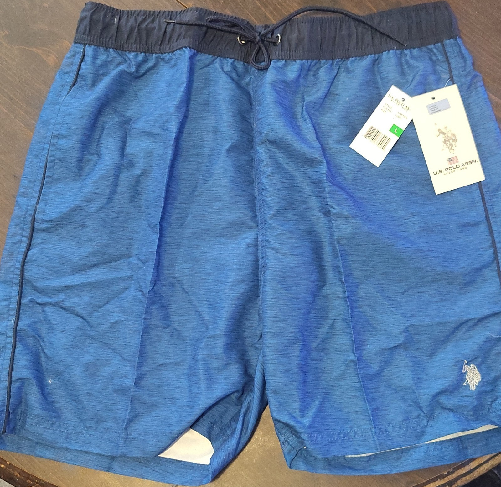 U.S. Polo Association Men's Blue Swim Shorts L Drawstring Pockets Elastic Waist