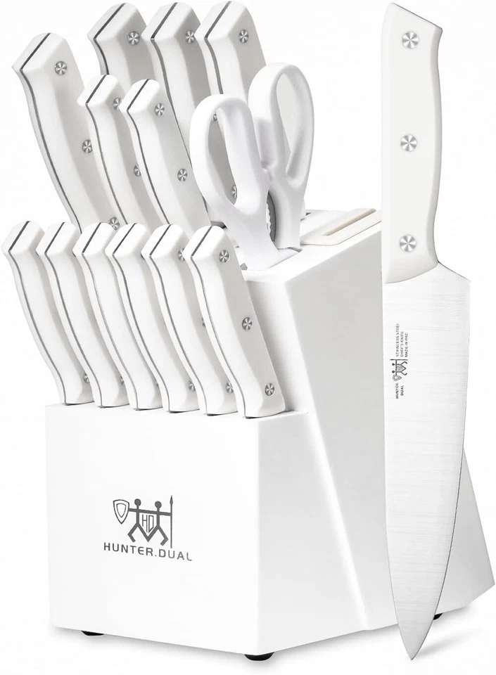 15 Piece Kitchen Knife Set Block + Sharpening Tool White Dishwasher Safe