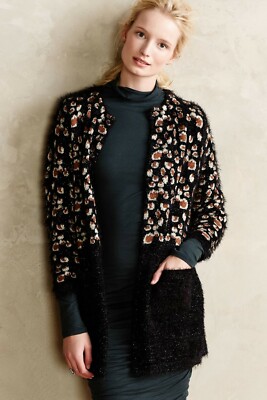 Anthropologie Feathered Leo Cardigan by La Fee Verte - Sz M (Black Motif)