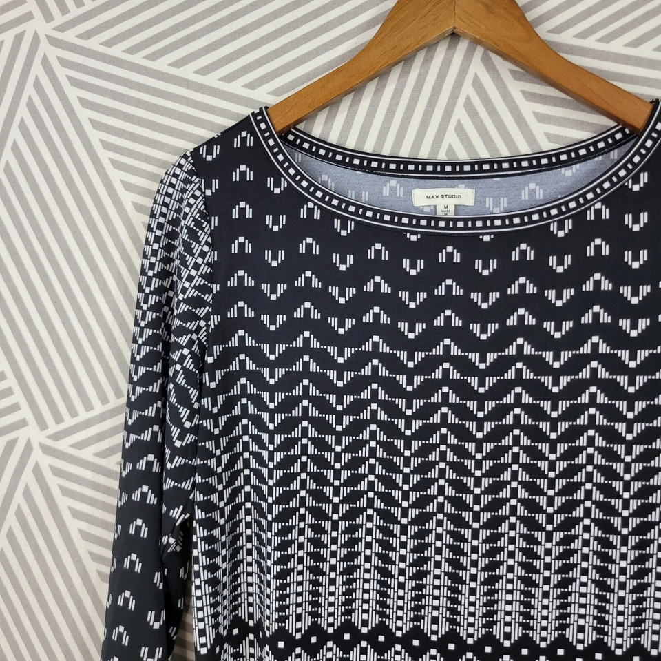 Max Studio Dress Stretch Career Sheath Size Medium Black White Geometric Summer - Image 4 of 4