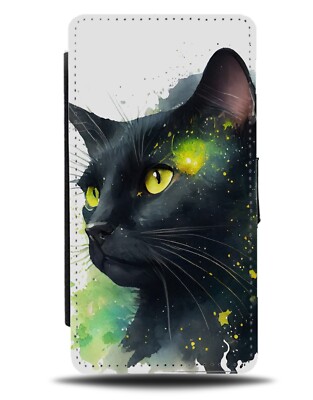 Majestic Black Cat Flip Wallet Case Cats Eyes Watercolour Design