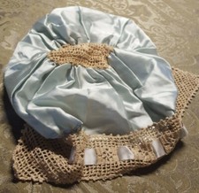 ANTIQUE VICTORIAN/EDWARDIAN   BLUE SATIN CROCHET BOUDUOIR DUST/NIGHT CAP BONNET