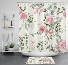 Green Leaf Pink Rose Floral on Beige Shower Curtain Bathroom Accessories Set