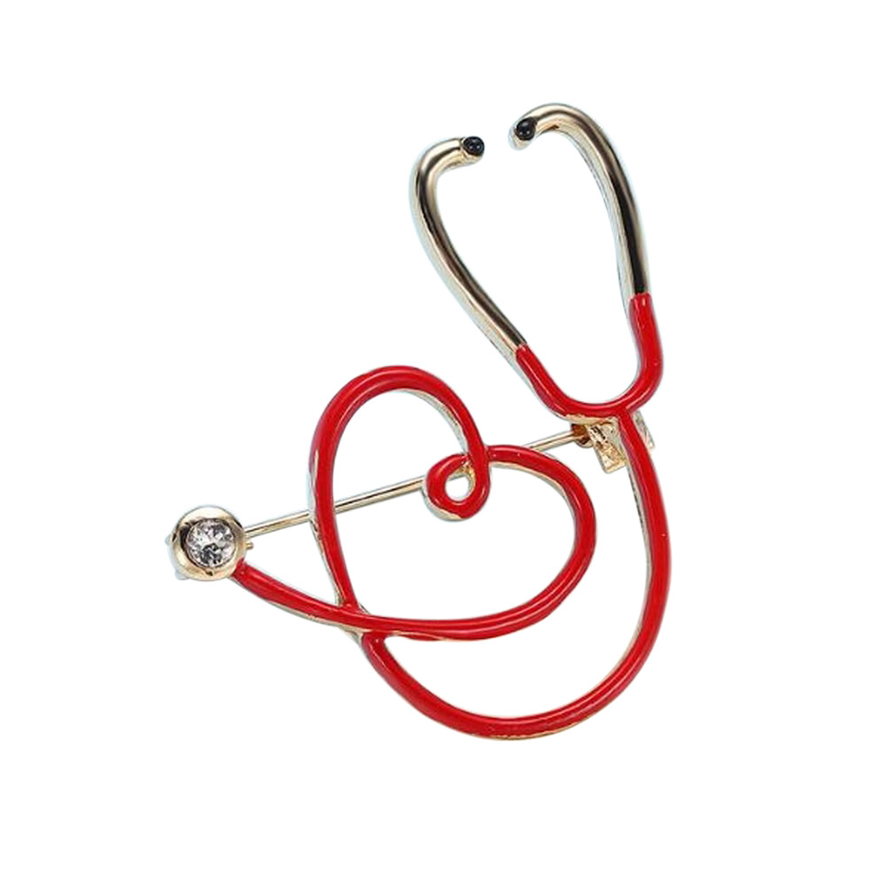 Broche de joyería estetoscopio Doctor y Corazón Rojo, acero dorado.
