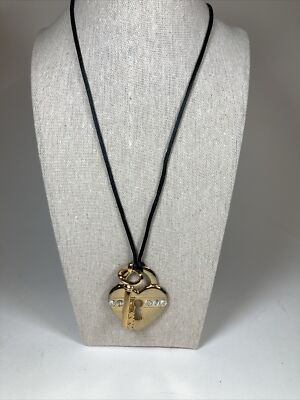 Avon Vintage Necklace Unlock My Heart Gold Tone Heart And Key Pendant Black Cord