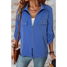 Pocketed Zip Up Collared Neck Long Sleeve Jacket