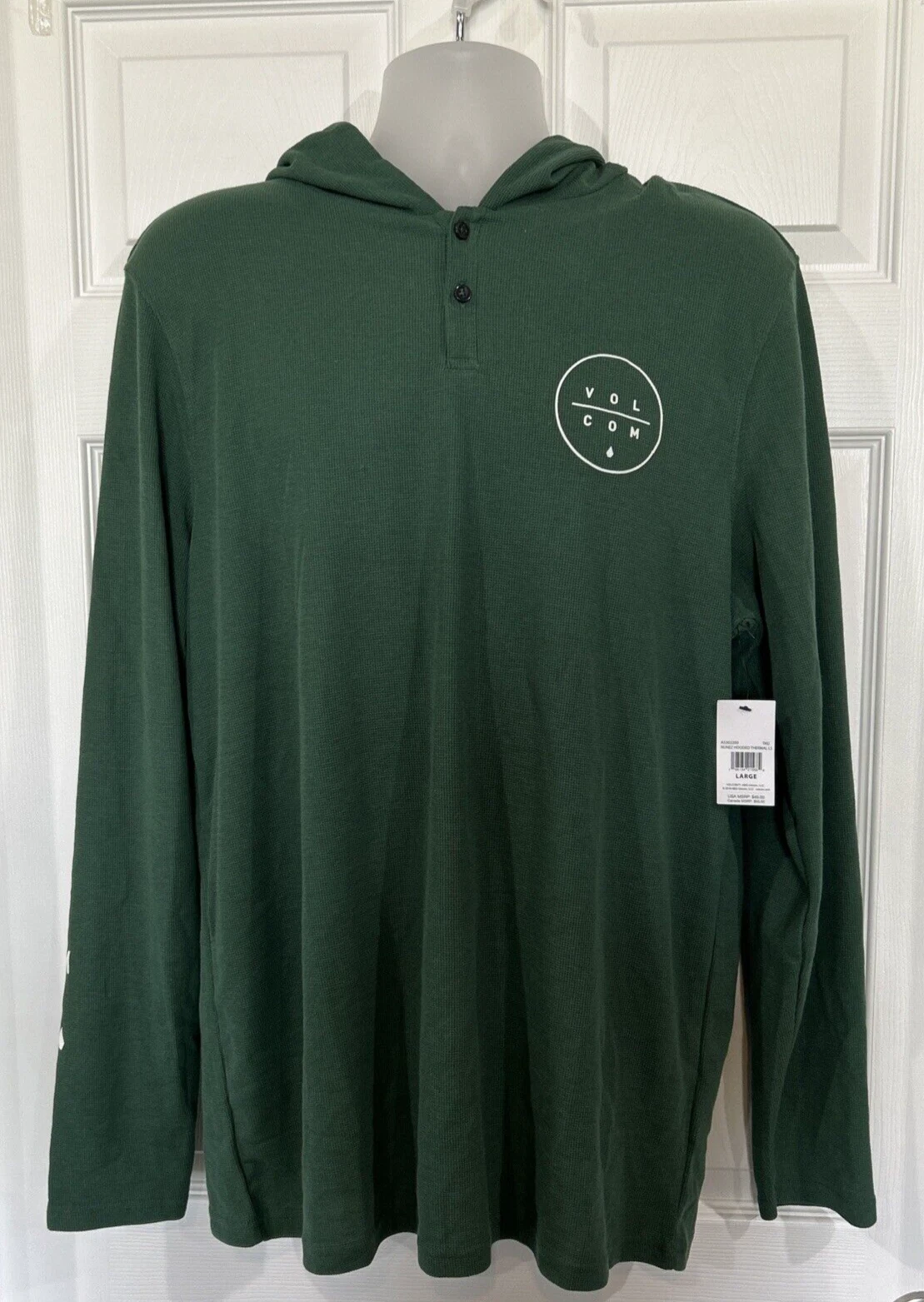 Volcom Thermal Long Sleeve Spellout Waffle Henley Sweater Hooded Shirt Men's L