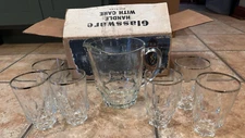 HAZELWARE REFLECTIONS GLASS PLATINUM RIM PITCHER & 6 TUMBLERS SET NEW OLD STOCK