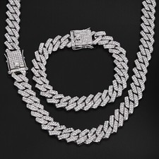 14mm Men's White Gold Plated Iced CZ Out Cuban Link Bracelet Chain Combo Set