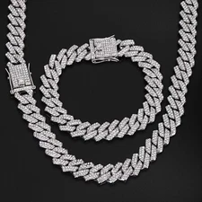 14mm Men's White Gold Plated Iced CZ Out Cuban Link Bracelet Chain Combo Set