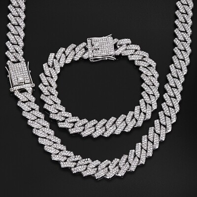 #ad #ad 14mm Men#x27;s White Gold Plated Iced CZ Out Cuban Link Bracelet Chain Combo Set $34.57