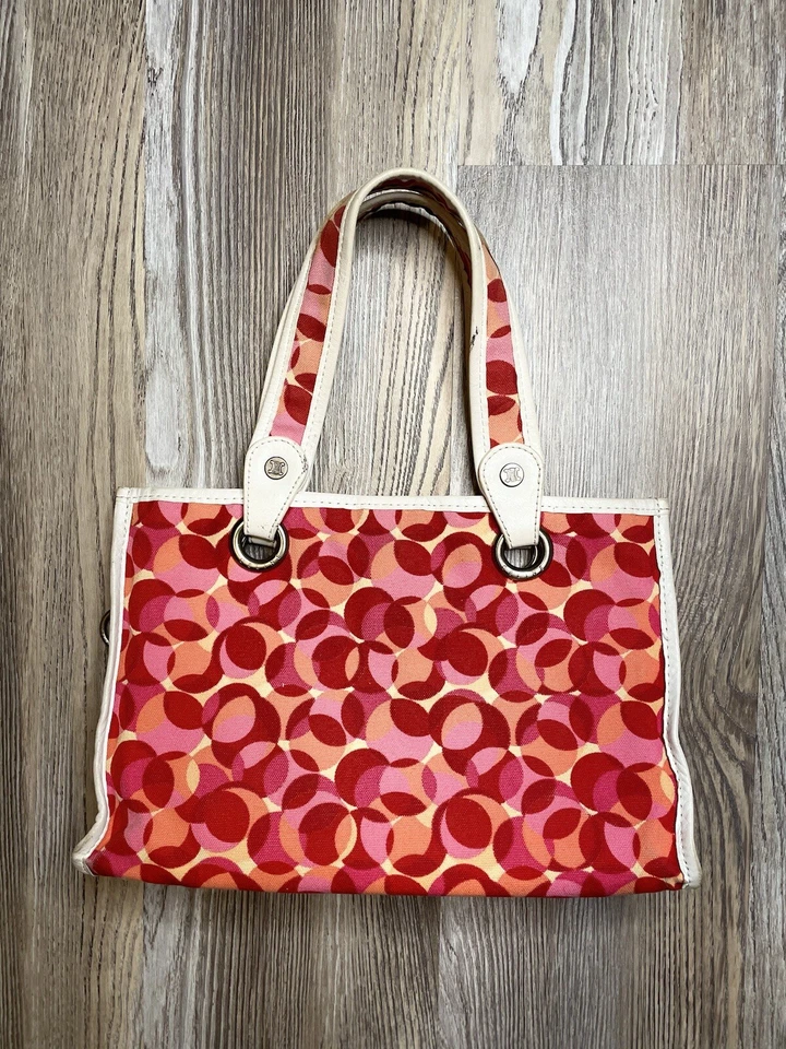 RARE Vintage Celine Canvas Leather White Red Bubbles Circles Tote Hand Bag - Image 2 of 4