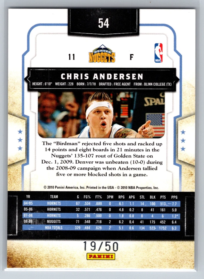 2009-10 Panini Classics #54 Chris Andersen Denver Nuggets - Image 2 of 2