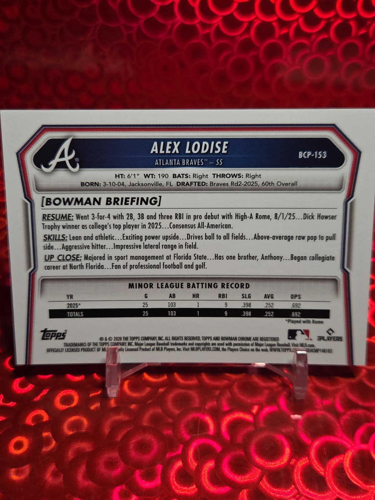 2026 1st Bowman Chrome Alex Lodise Black and White B&W Mojo 15/15  Braves  view 3