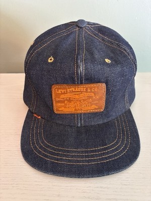 Levi's Strauss Denim Leather Patch Orange Tab Trucker Strapback Cap Sz L 70s 80s