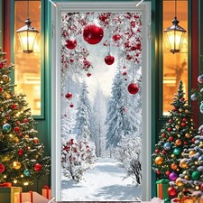 Merry Christmas Door Cover Background Winter Xmas Holiday Wonderland Decorati...