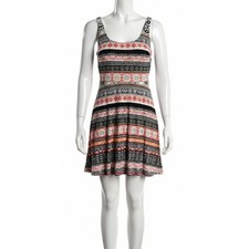 LOFT Dress 6 Black Orange Green Scoop Neck Festival Fit n Flare Boho Hippie
