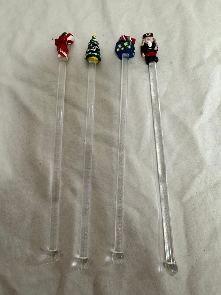 Vintage Christmas Glass Drink Stirrers Swizzle Sticks Set of 4