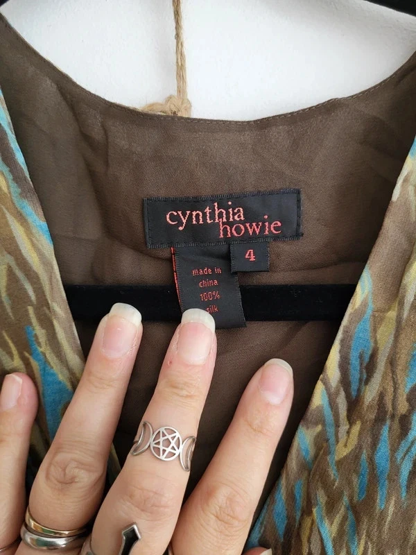 Cynthia Howie Silk Maxi Dress Green & Blue Ribbons Sequins Y2K Retro Flare - Image 4 of 4