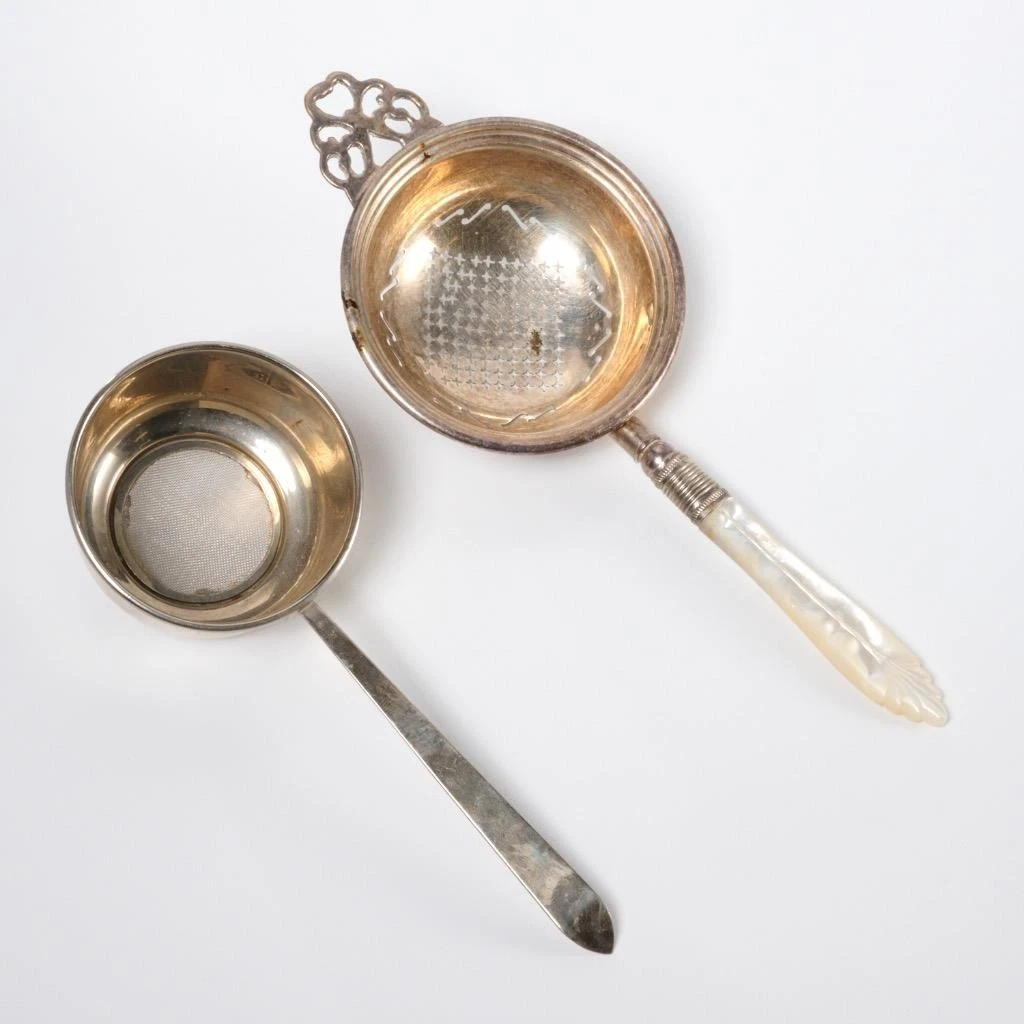 Lot of 2 Antique Tea Strainers Silver Tone Mother of Pearl Vintage