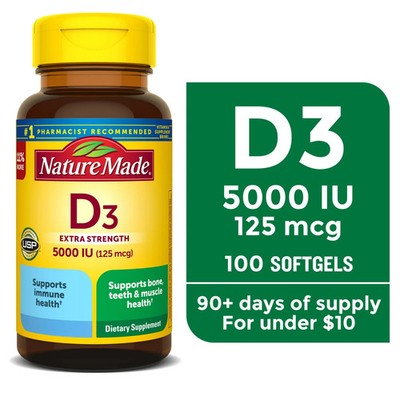 Nature Made Extra Strength Vitamin D3 5000 IU (125 mcg) Softgels, 100 Count