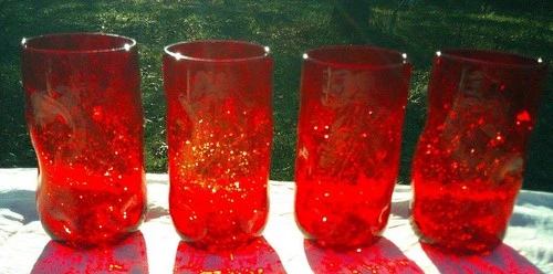 Blenko Crackle Dimple Tumblers Drink Glass Set of 4 Mostly Red