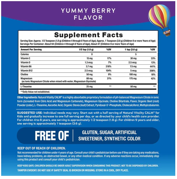 Citrato de magnésio em pó CALM Kids | 6 oz | sabor baga | por Natural Vitality - Imagem 2 de 4