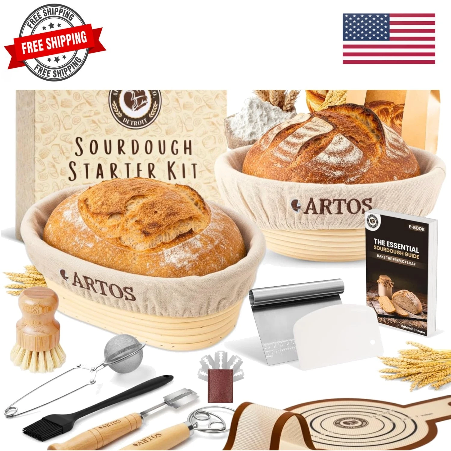 Rattan Proofing Basket Set of 2 – 9" Round & 10" Oval Sourdough Starter Kit, ...