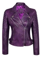 Women Purple Motorcycle Biker Real Leather Jacket Lambskin Leather Top Slim fit
