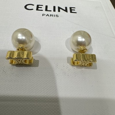 Celine PARIS | Triomphe Logo Stud Small Gold Earrings with Pearl Made in Italy