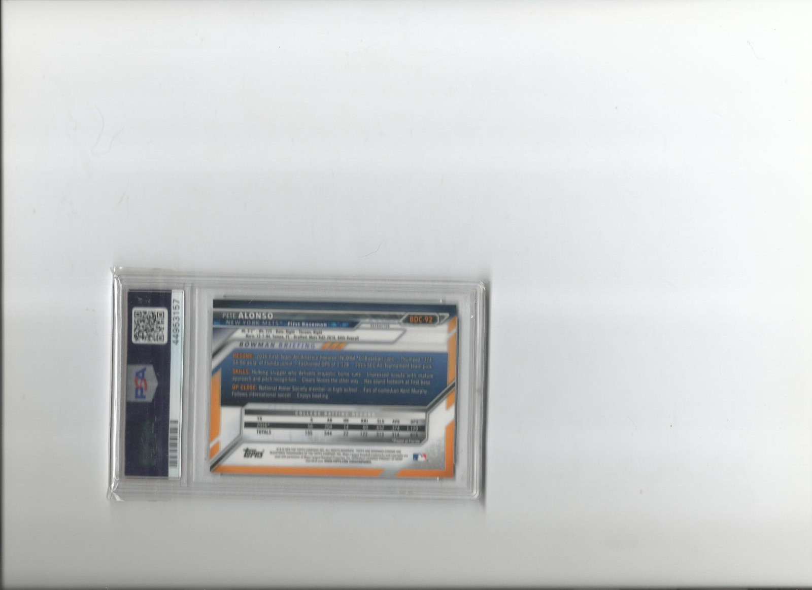 2016 BOWMAN DRAFT; PETE ALONSO, CHROME-REFRACTOR, R/C,#BDC92, , PSA 10, GEM-MINT view 3