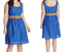 Nine West Dress Womens 16W Blue Belted Pleated Fit & Flare Texture Casual NEW