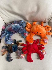 Juego de 4 TY Crab Beanie Buddy Tie-Dyed & Orange Digger Beanie Baby Claude &Digger