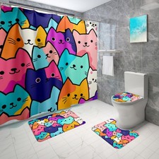 4 PCS Cat Shower Curtain Set Bathroom Decor With Rugs Hooks Modern 70x70 Inch