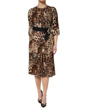 Dolce & Gabbana Brown Leopard Print Belted A-line Midi Women's Dress Authentic