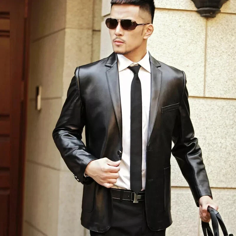 CELEBRITY New Men's Black Leather Blazer Soft Sheepskin Causal Slim Fit Blazer
