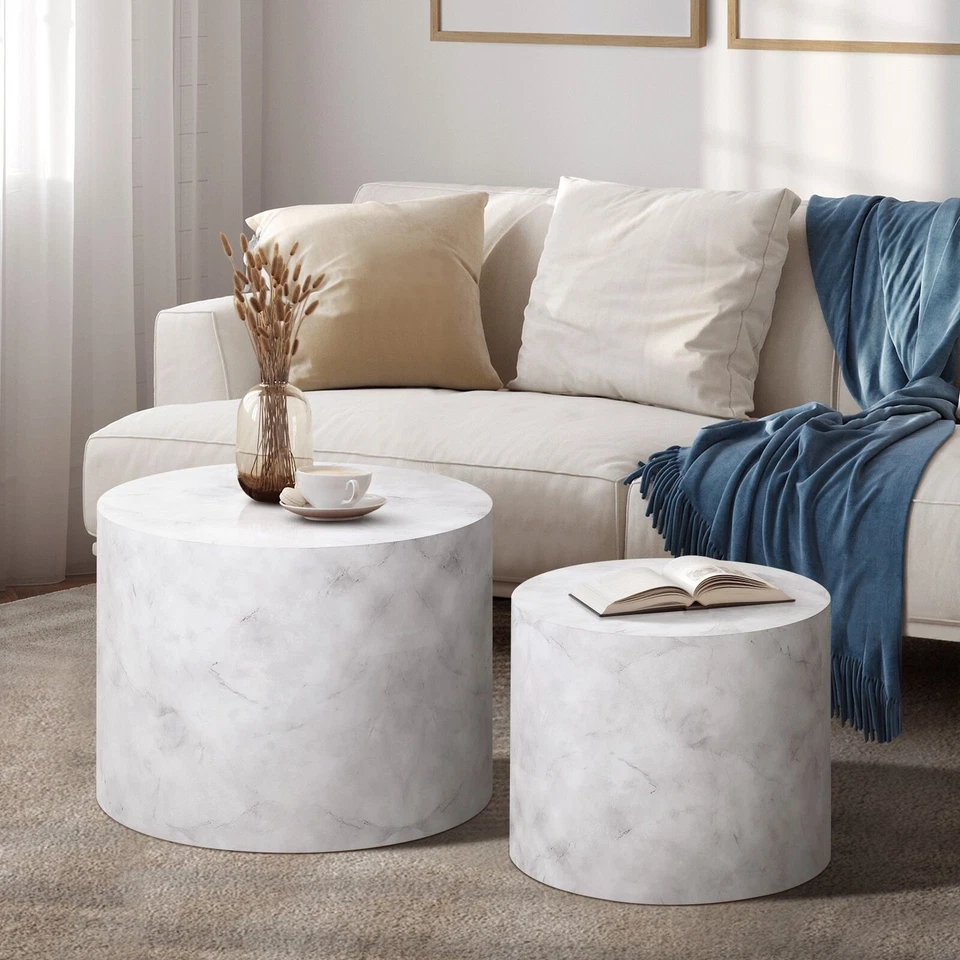 Oikiture Coffee Table Set of 2 Round End Side Tables Sofa Cafe Marble Effect