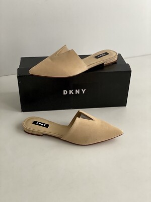 New DKNY Ali Suede PVC Trimmed Pointed Mules Almond