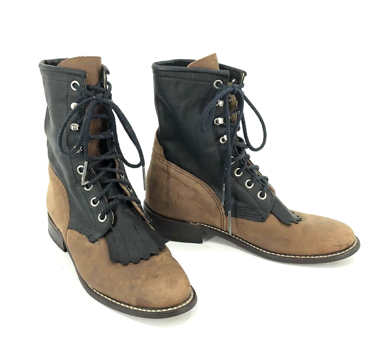 USA Made Kiltie Granny Roper Boots Black Tan Leather Lace Up Womens  Prairie