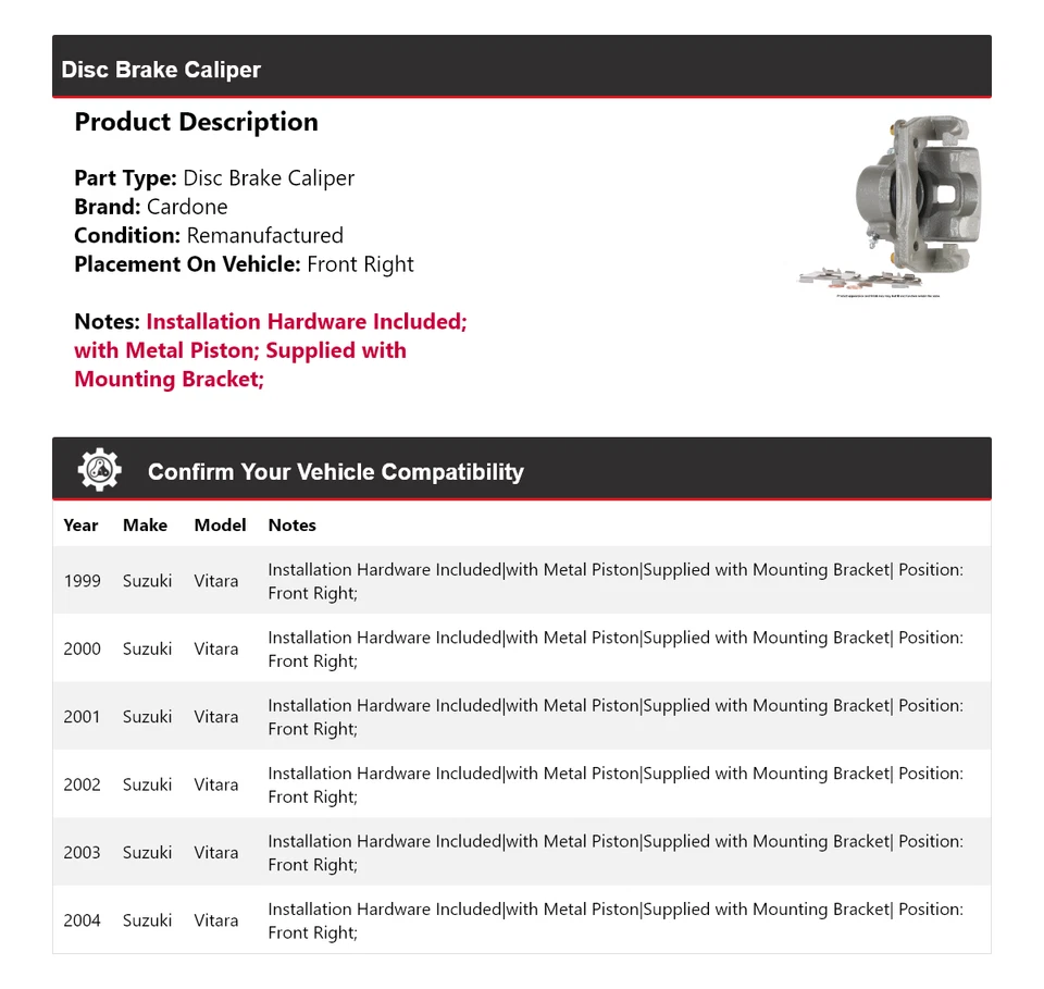 Pinça de freio a disco dianteira direita Cardone 2000 2001 Suzuki Vitara 1999-2004 - Imagem 2 de 4