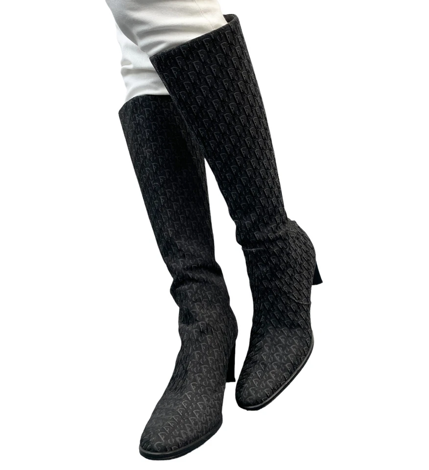 Christian Dior Vintage Trotter Monogram Long Boots Heels #37.5 Black Canvas - Image 3 of 4