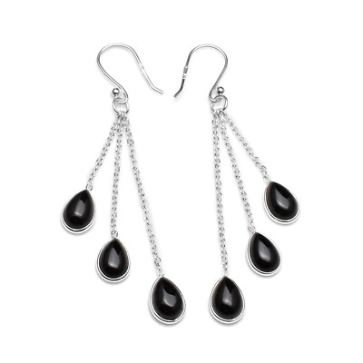 Natural Black Onyx 925 Sterling Silver Gemstone Teardrop Drop Dangle 