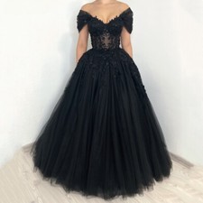 Black Prom Dresses Lace Embroidery A-shaped Prom Dresses Off-the-shoulder Tulle