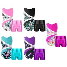 Girls Shiny Gymnastics Outfits Leotard with Dance Shorts Set Tracksuit Dancewear