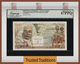 TT PK 32 1963 SAINT PIERRE & MIQUELON 2 NOUVEAU FRANCS LCG 67 PPQ SUPERB GEM NEW