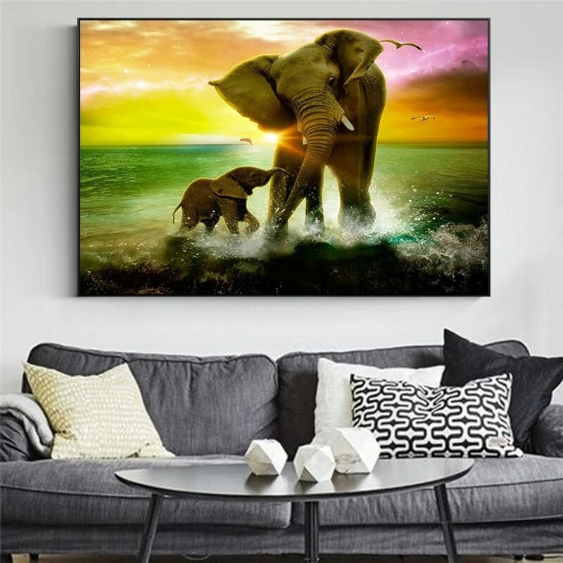 Arte animal família elefante pintura em tela pôster tela arte parede imagens - Imagem 3 de 4