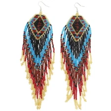 HANDMADE BEADED ARTISAN BOHEMIAN MULTI-COLOR EXTRA LONG HOOK EARRINGS